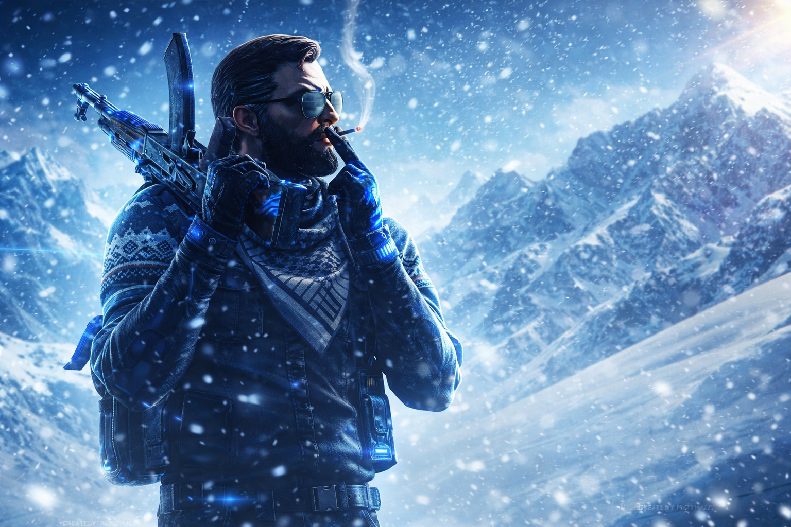 Киберспортивный герой на фоне снежных гор